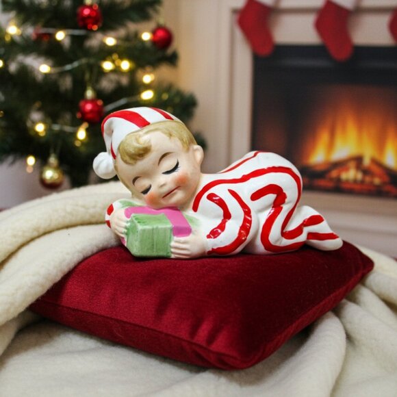Rare Vintage INARCO Christmas Figurine E-4498 Sleeping Boy Candy Cane PJ Japan - Picture 1 of 11